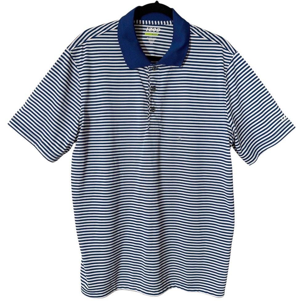 IZOD PerformX Basix Cool-FX Mens Large Blue White Striped Golf Polo Shirt NWOT